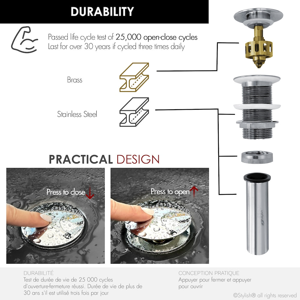 Polished Chrome Pop-Up Bathroom Sink Drain without Overflow