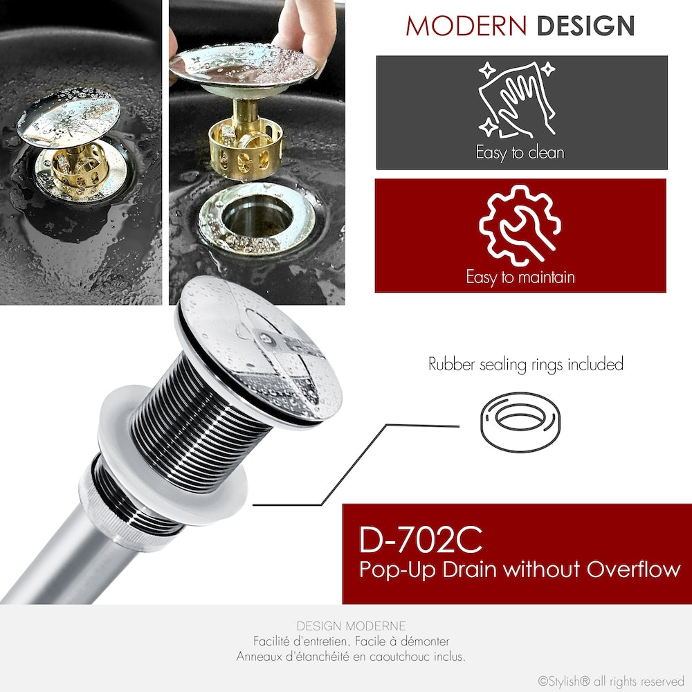 Polished Chrome Pop-Up Bathroom Sink Drain without Overflow