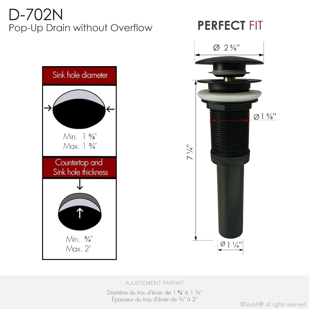 Black Matte Pop-Up Bathroom Sink Drain without Overflow