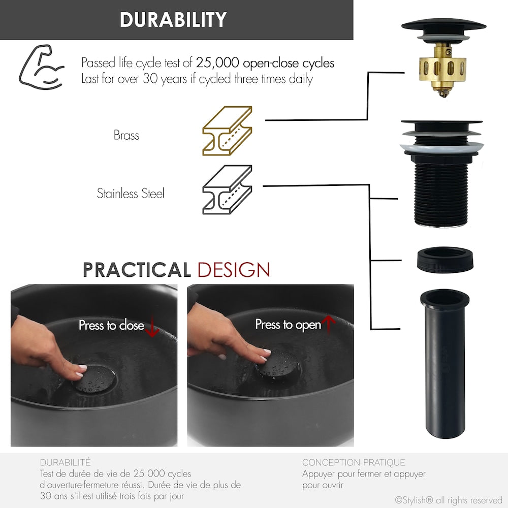 Black Matte Pop-Up Bathroom Sink Drain without Overflow