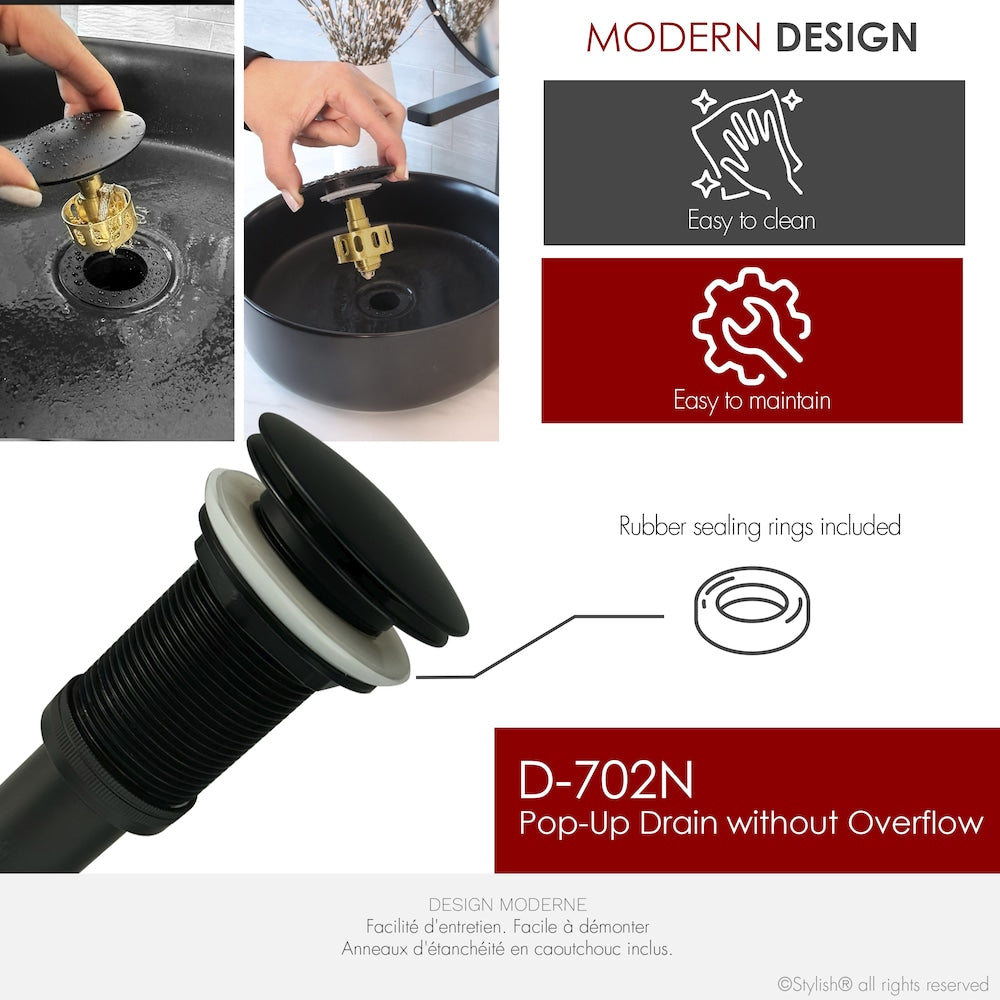 Black Matte Pop-Up Bathroom Sink Drain without Overflow