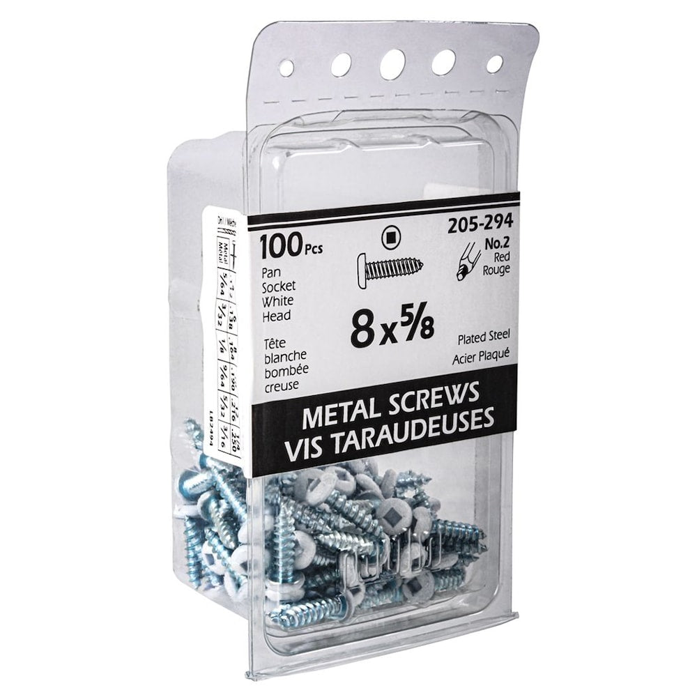 #8 x 5/8-inch Square Drive Pan Head White Sheet Metal Screw, 100pcs