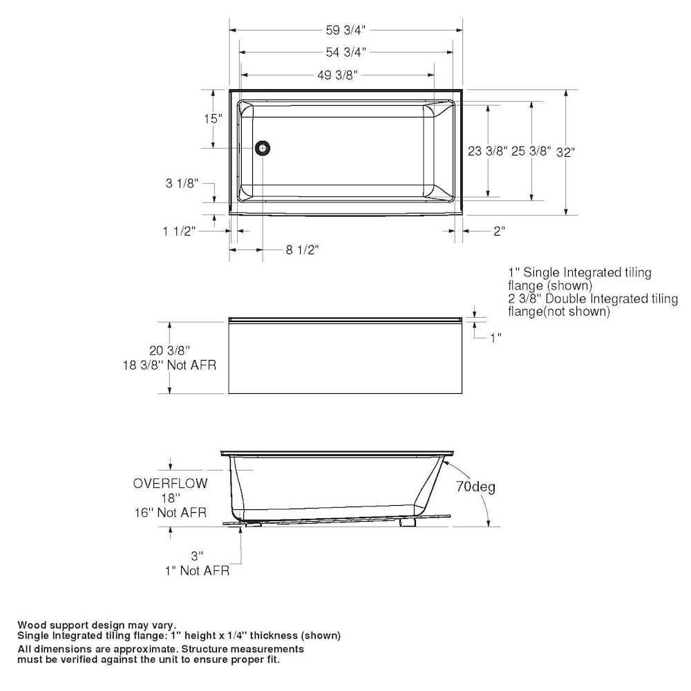 Bosca 60L x 32W x 18H Acrylic Rectangular Alcove Bathtub, Right Drain, in White with 14-inch Soaking Depth