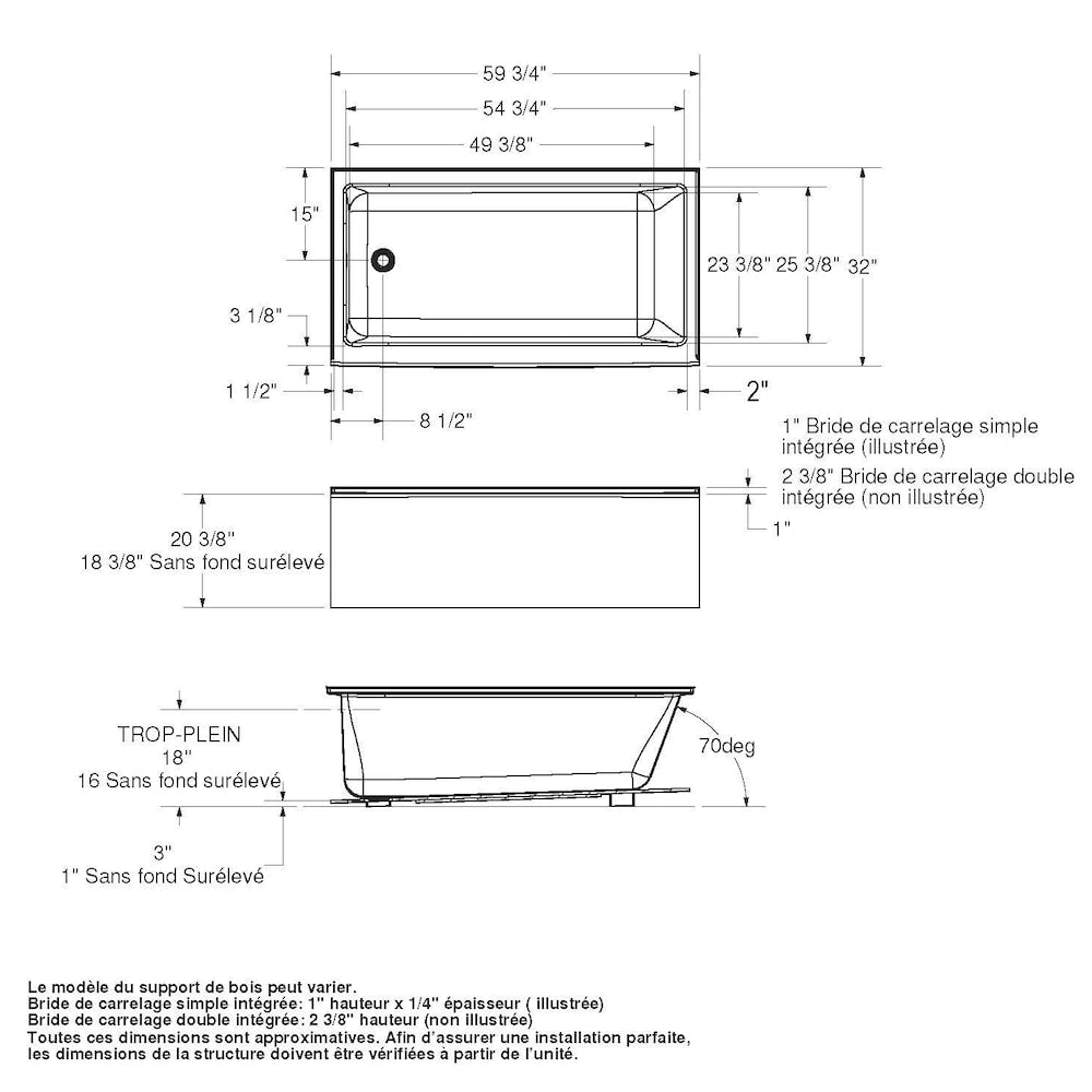 Bosca 60L x 32W x 18H Acrylic Rectangular Alcove Bathtub, Right Drain, in White with 14-inch Soaking Depth