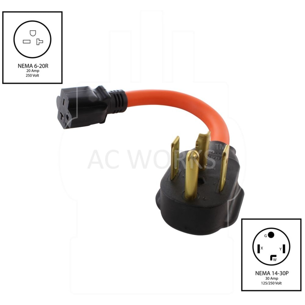 1ft. STW 10/3 4-Prong Dryer 14-30P Male Plug to 6-15/20R 15/20A 250V Connector