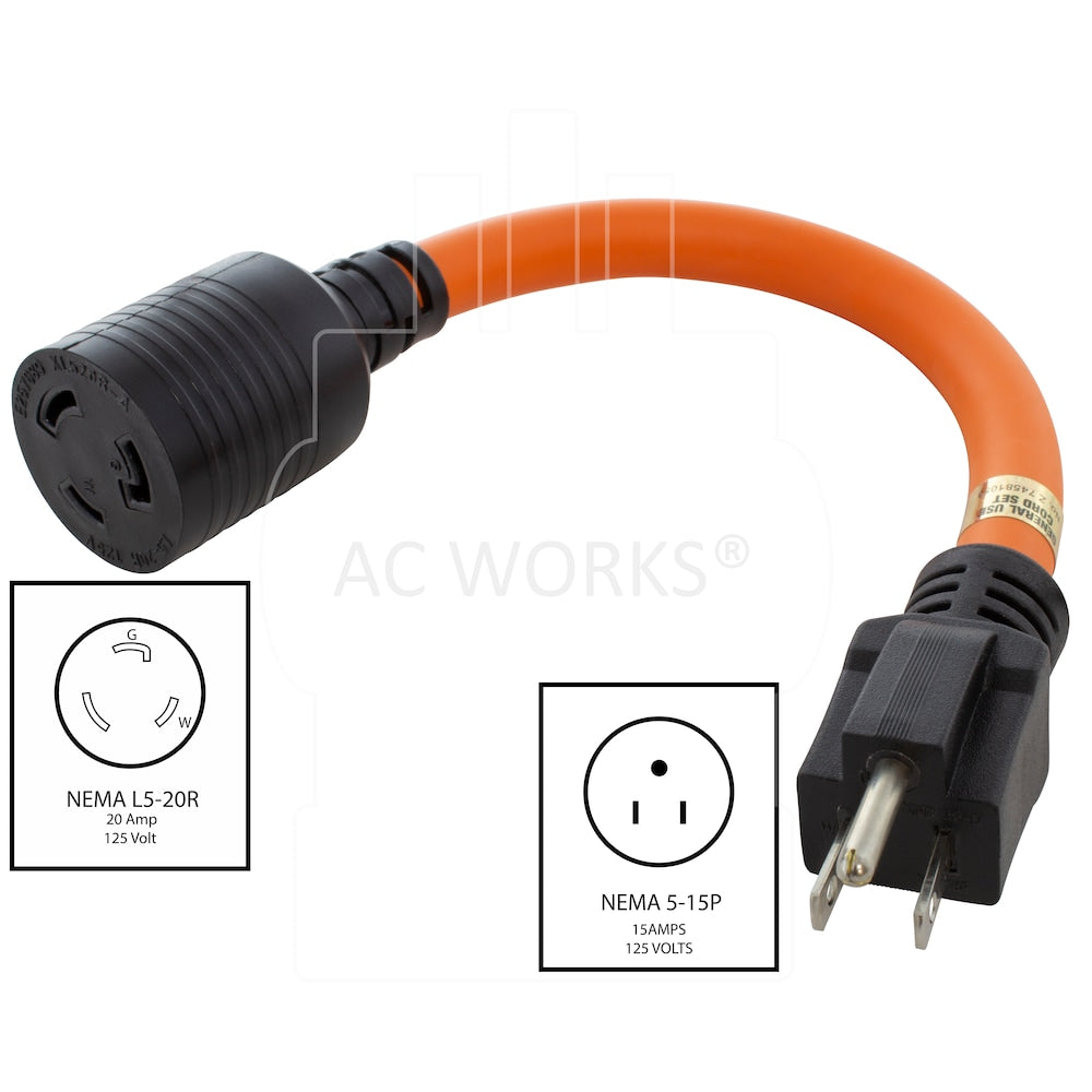 1FT Adapter Cord 15A Household Plug to L5-20R 20A Locking Female Connector