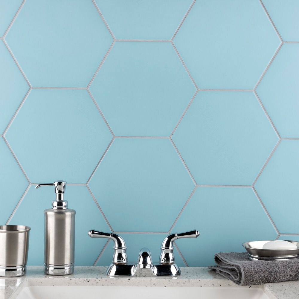 SAMPLE - Textile Hex 9-7/8 in. x 8-5/8 in. Aqua Porcelain Floor and Wall Tile