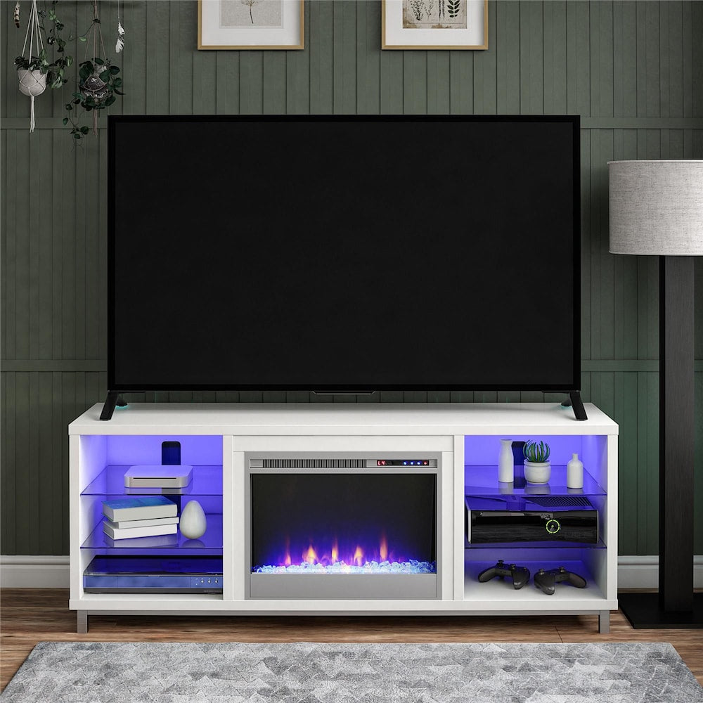 Meuble TV Lumina Fireplace pour téléviseurs jusqu'à 70", blanc