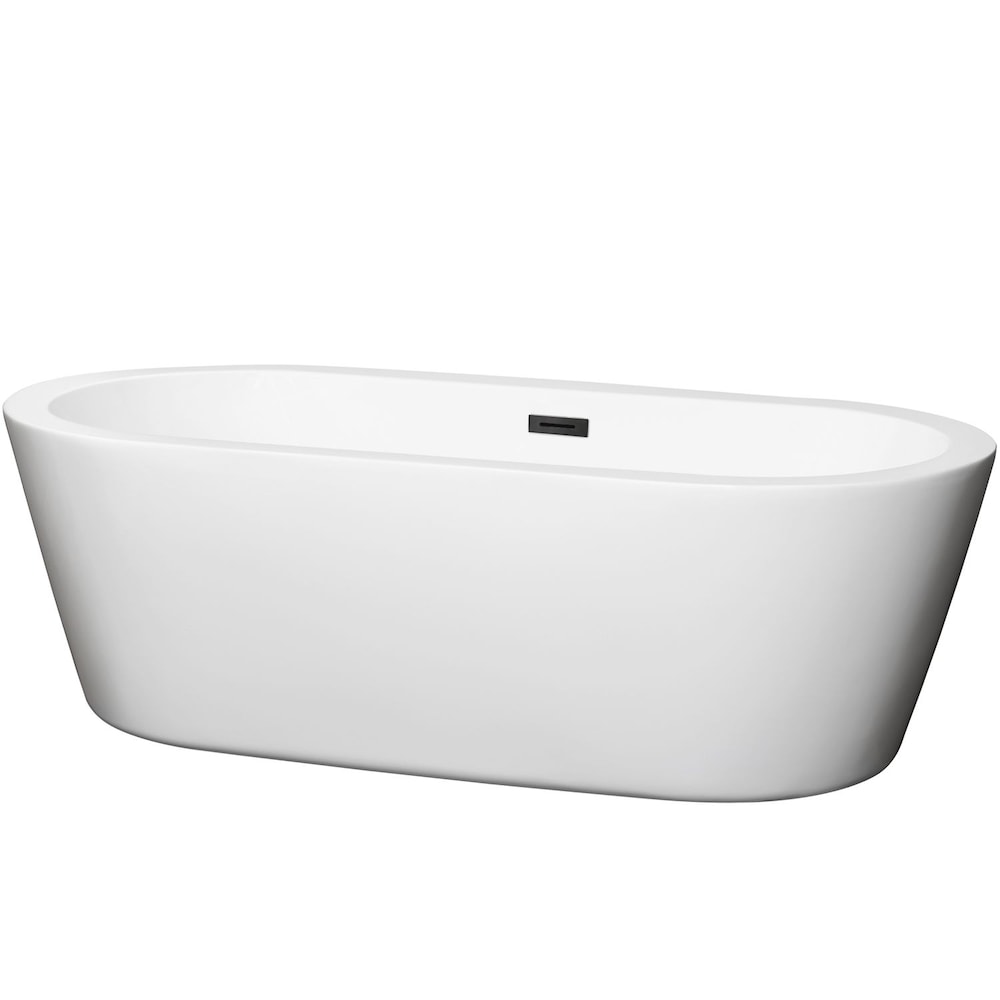 Baignoire autoportante Mermaid de 71 pouces en blanc avec drain noir mat et garniture de trop-plein