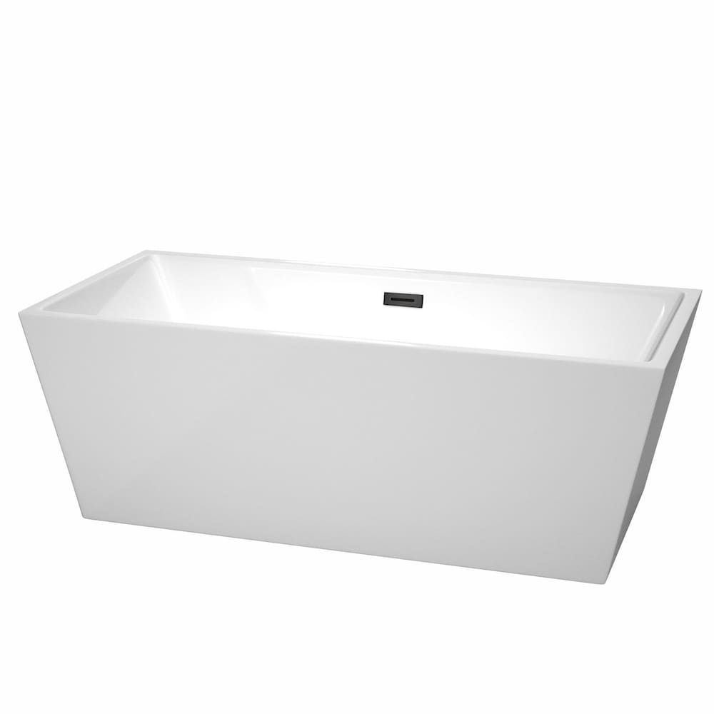 Baignoire autoportante Sara de 67 pouces en blanc avec drain et garniture de trop-plein en noir mat