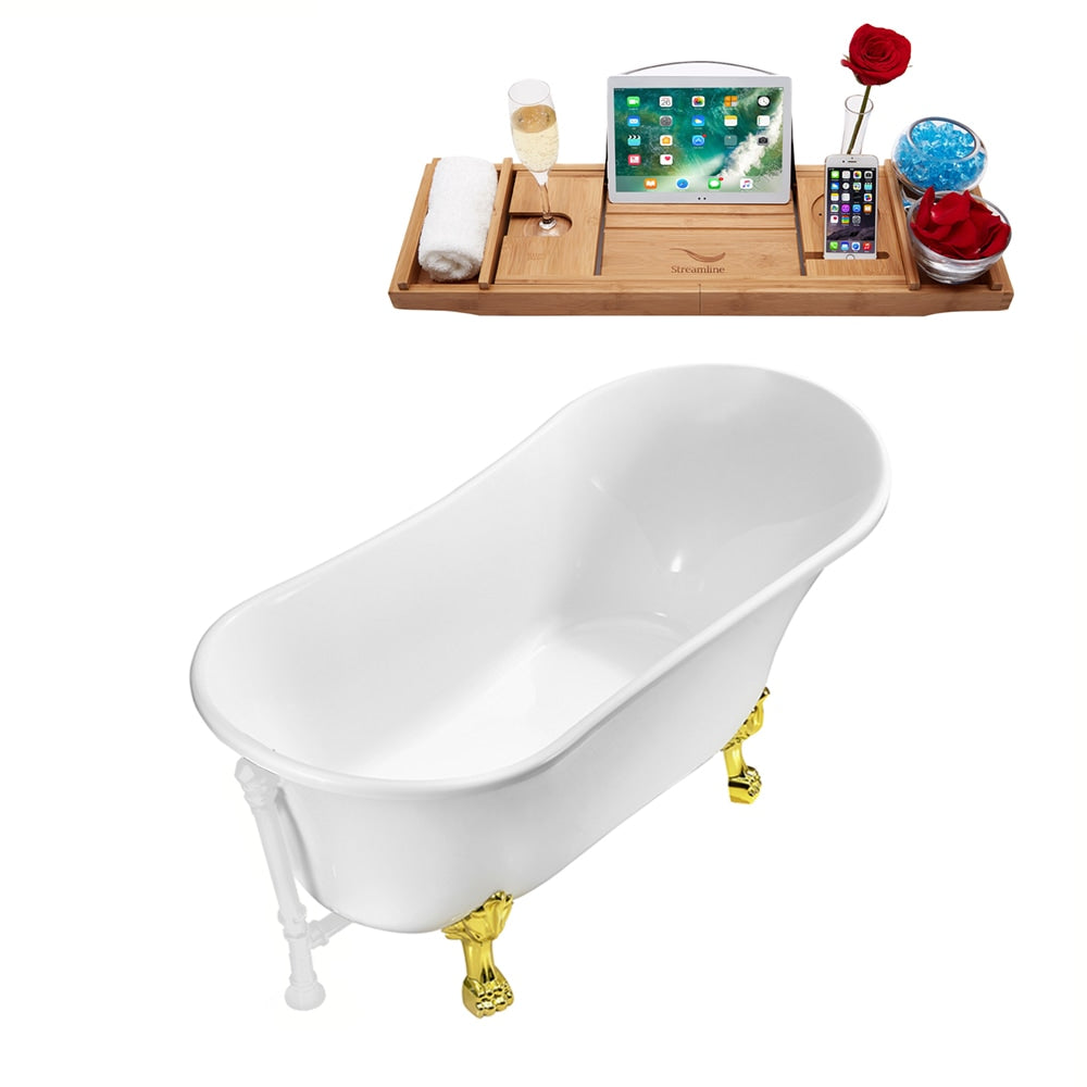 67 inch Streamline N340GLD-WH Soaking Clawfoot Tub and Tray With External Drain