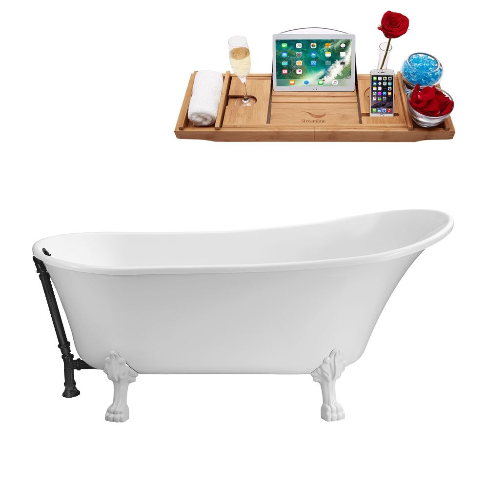 67 inch Streamline N340WH-BL Soaking Clawfoot Tub and Tray With External Drain