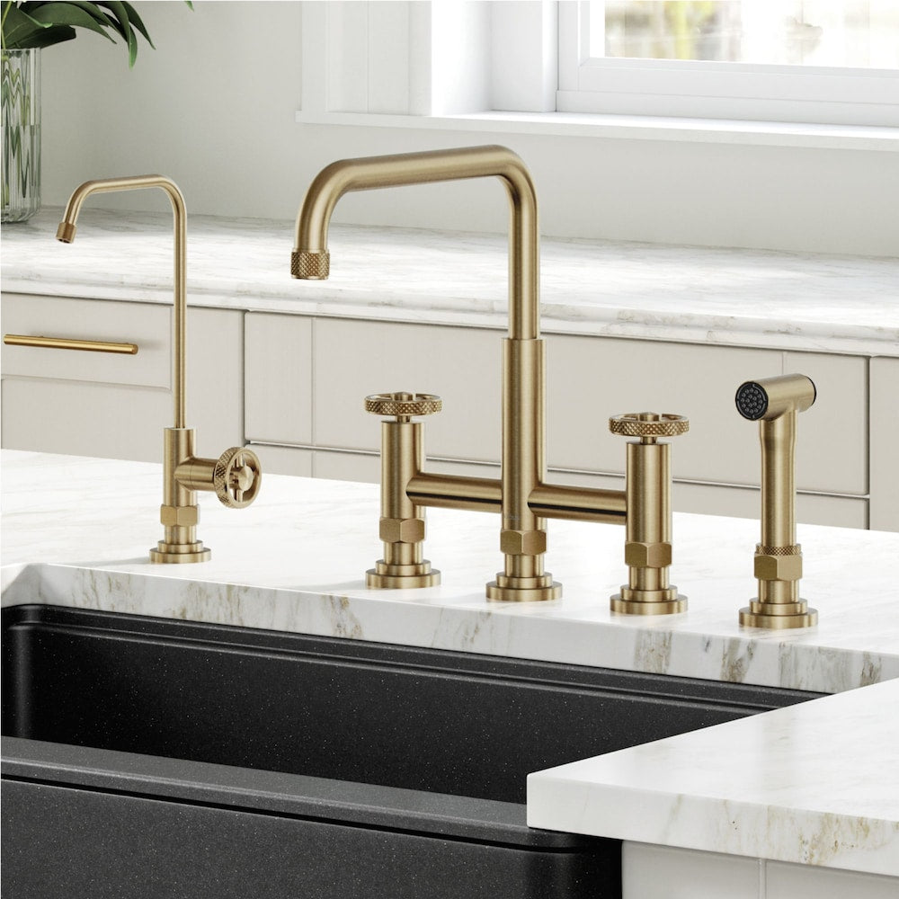 Urbix 2-Handle Bridge Faucet and Filtration Faucet in Brushed Gold