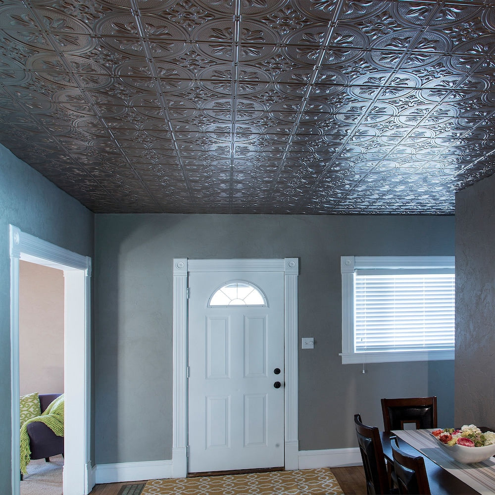 Tuile de plafond à coller traditionnelle 2, 2x4, finition nickel brossé, paquet de 5 (40 pieds carrés)