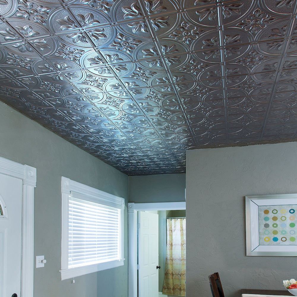 Tuile de plafond à coller traditionnelle 2, 2x4, finition nickel brossé, paquet de 5 (40 pieds carrés)