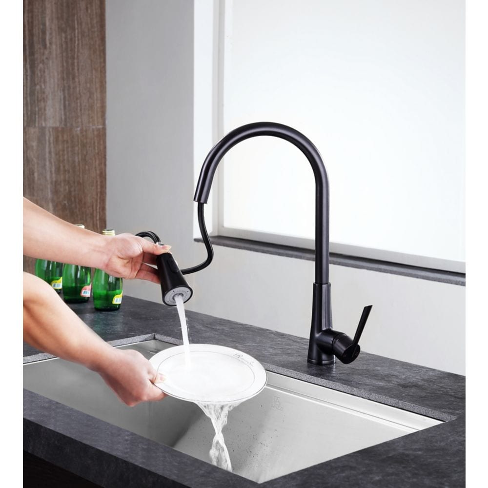 Robinet de cuisine à poignée unique Tulip avec douchette extractible en bronze huilé