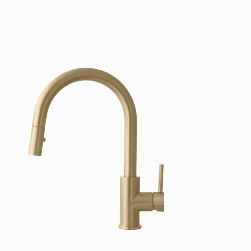 Modern Single Handle Pull down Sprayer Kitchen Faucet in Gold Stainless Steel