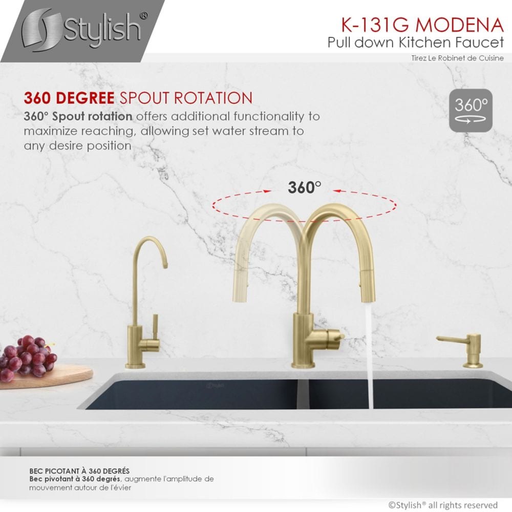 Modern Single Handle Pull down Sprayer Kitchen Faucet in Gold Stainless Steel