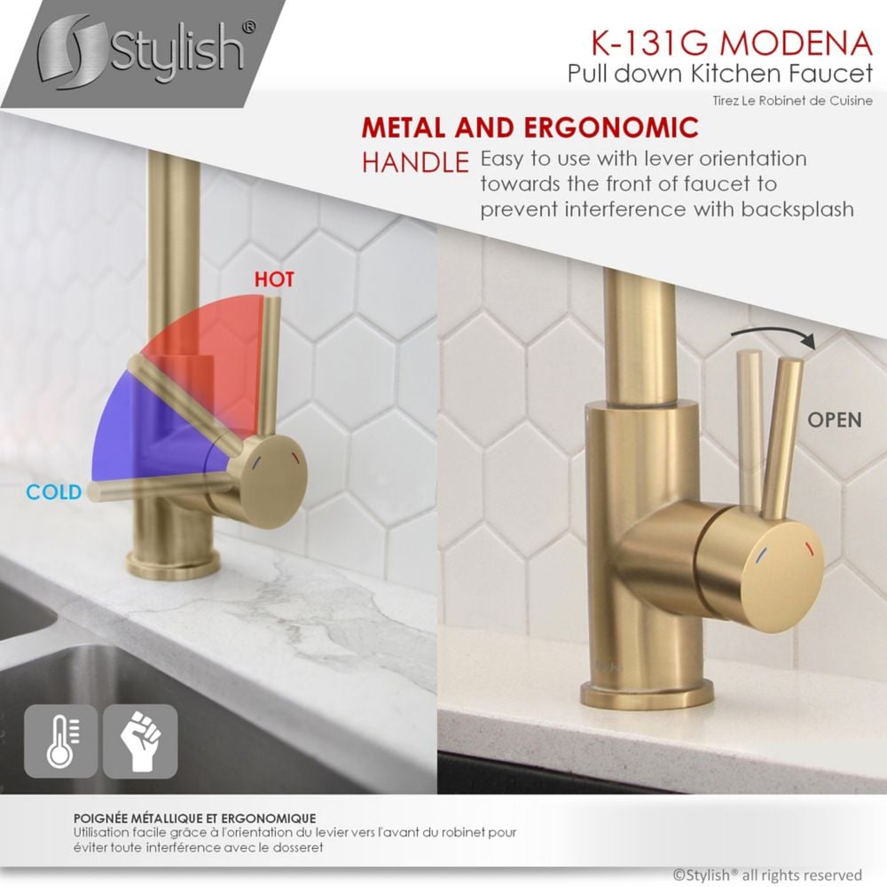 Modern Single Handle Pull down Sprayer Kitchen Faucet in Gold Stainless Steel