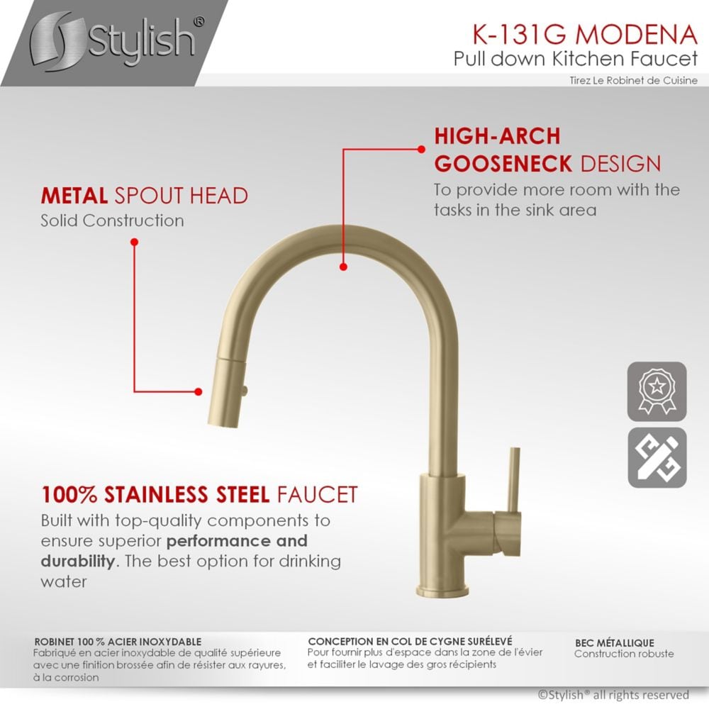 Modern Single Handle Pull down Sprayer Kitchen Faucet in Gold Stainless Steel