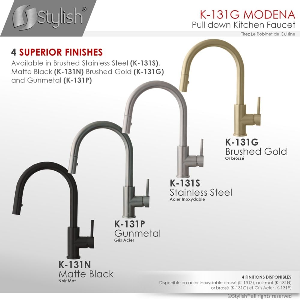 Modern Single Handle Pull down Sprayer Kitchen Faucet in Gold Stainless Steel