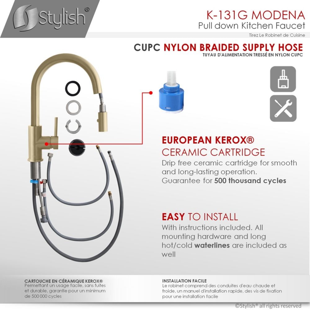 Modern Single Handle Pull down Sprayer Kitchen Faucet in Gold Stainless Steel