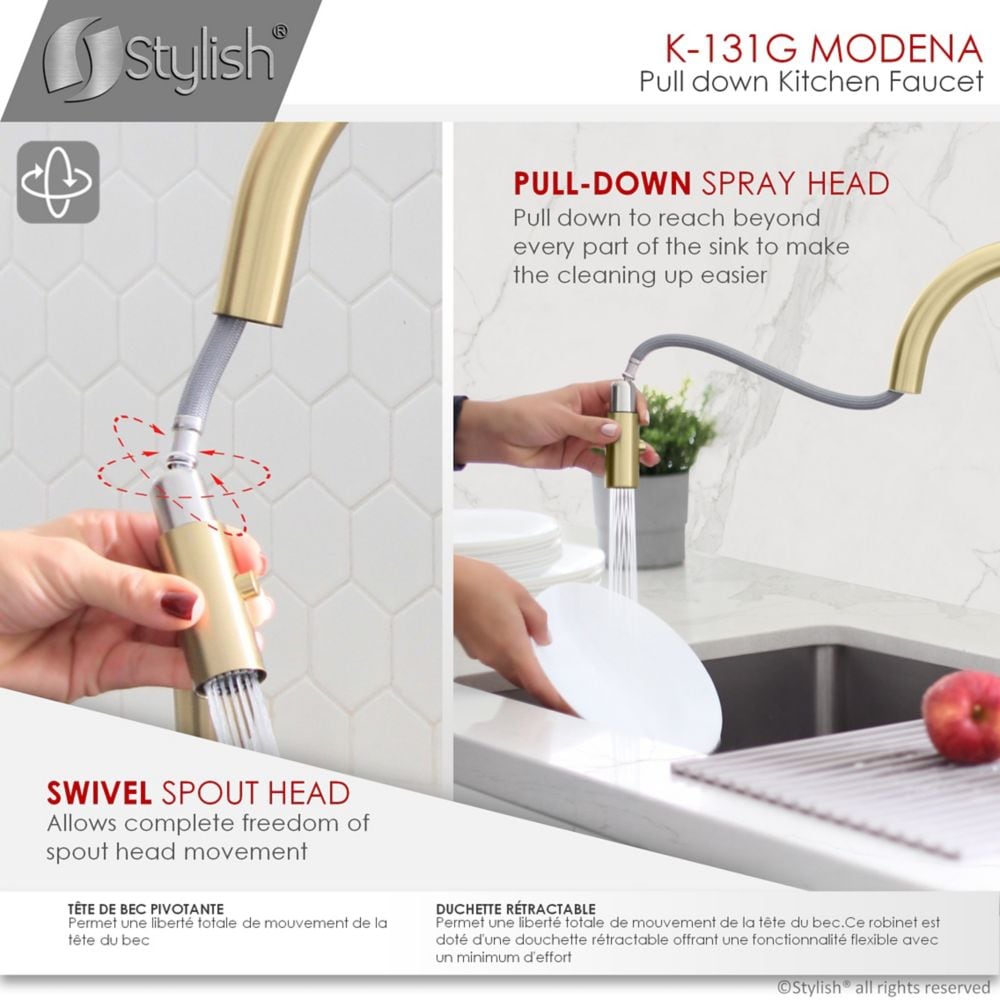 Modern Single Handle Pull down Sprayer Kitchen Faucet in Gold Stainless Steel
