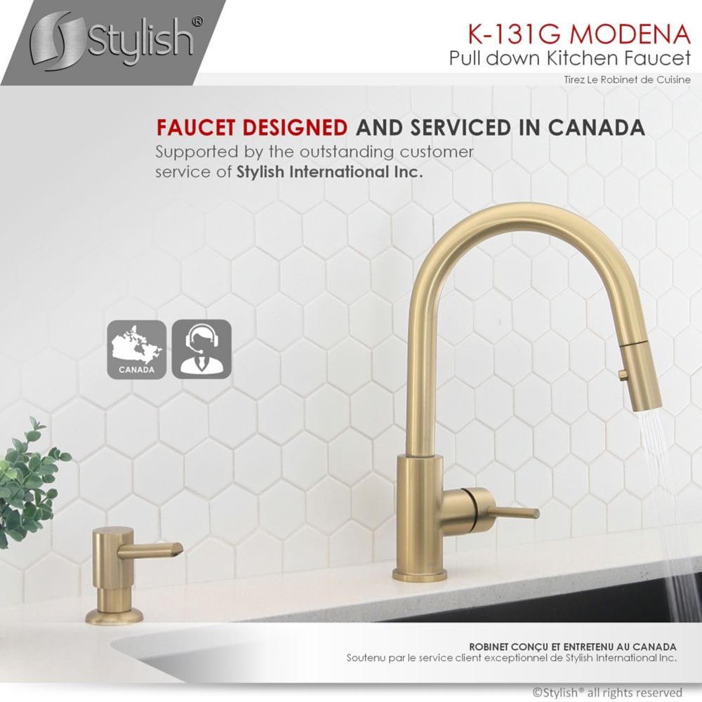 Modern Single Handle Pull down Sprayer Kitchen Faucet in Gold Stainless Steel
