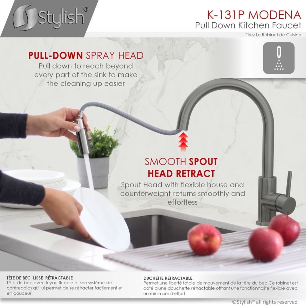 Modern Single Handle Pull down Sprayer Kitchen Faucet in Gunmetal Stainless Steel