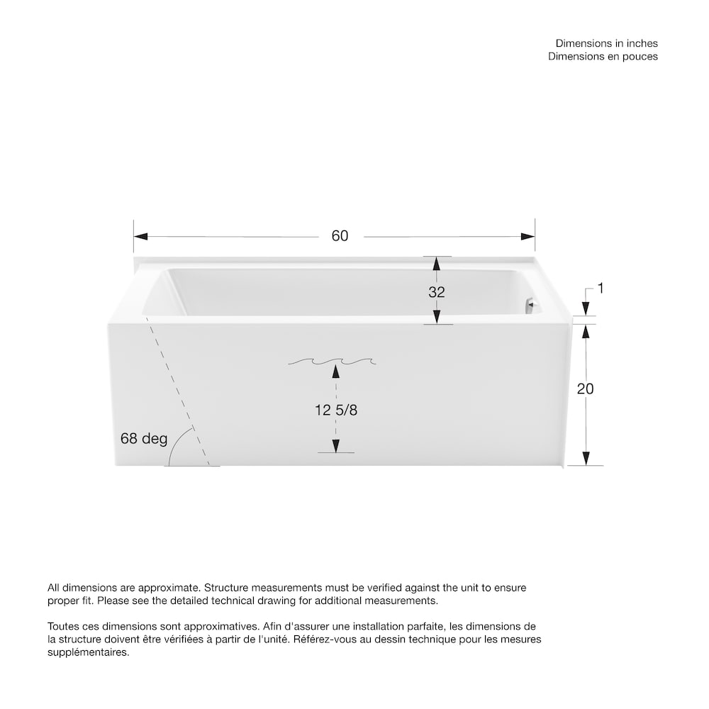 Nomad AFR 60L x 32W x 20H AcrylX Rectangular Corner Bathtub, Right Drain, in White with 12 5/8 inch Soaking Depth