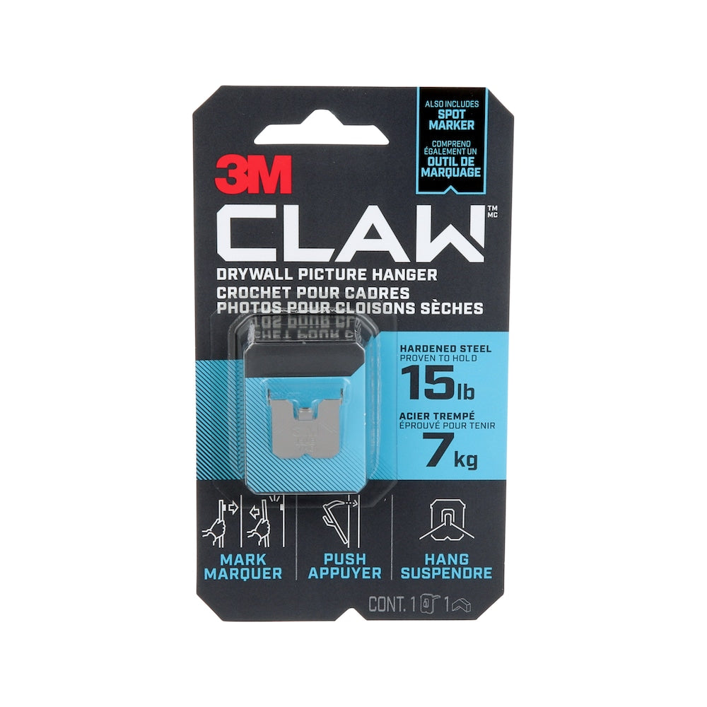 3M CLAW Drywall Picture Hanger with Temporary Spot Marker, Holds 15 lbs, 1 Hanger 1 Marker/Pack