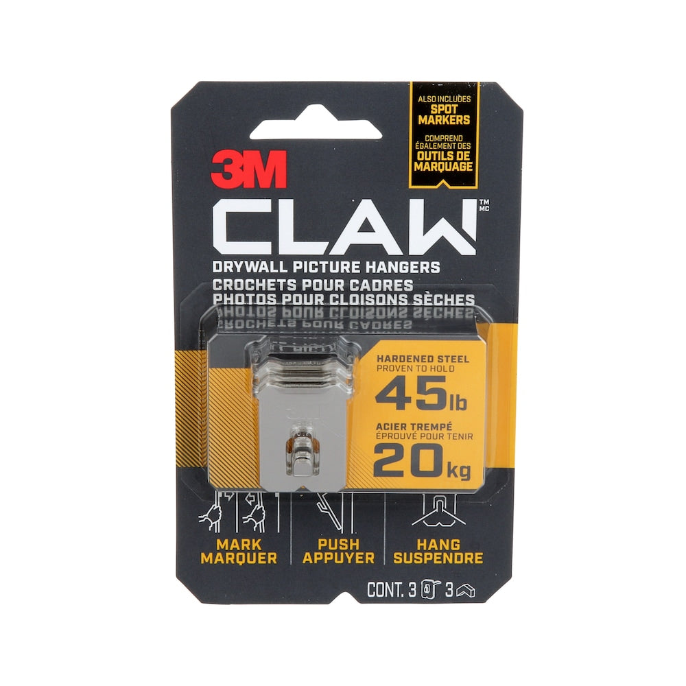3M CLAW Drywall Picture Hanger with Temporary Spot Marker, Holds 45 lbs, 3 Hangers 3 Markers/Pack