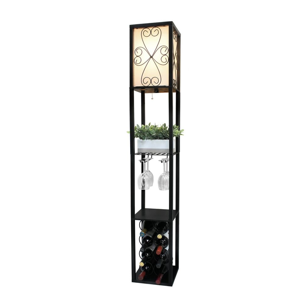 62.75 inch Black Floor Lamp Etagere Organizer Storage Shelf and Wine Rack