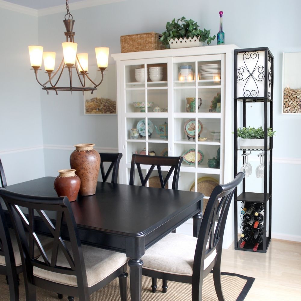 62.75 inch Black Floor Lamp Etagere Organizer Storage Shelf and Wine Rack