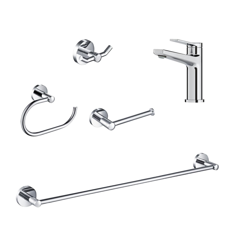 Single Handle Basin Faucet with Paper Holder, Robe Hook, Towel Bar and Ring in Chrome