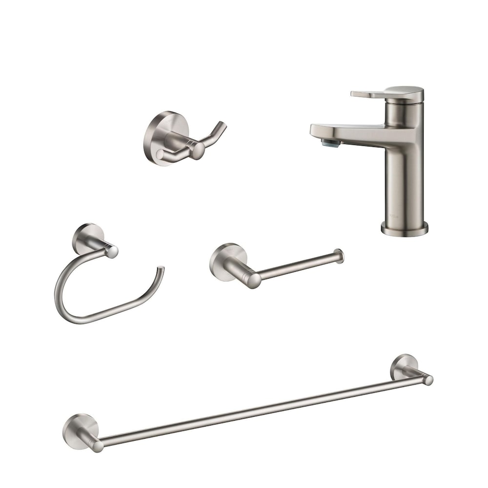 Single Handle Basin Faucet in Stainless Steel with Paper Holder, Hook, Towel Bar and Ring