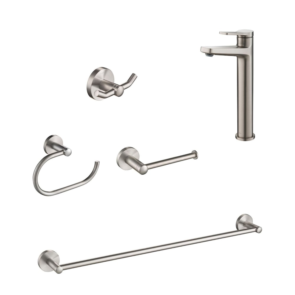 Single Handle Vessel Faucet in Stainless Steel with Paper Holder, Hook, Towel Bar and Ring