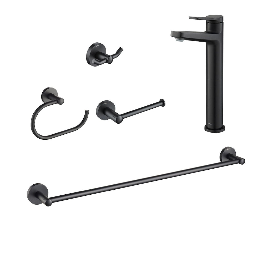 Single Handle Vessel Faucet with Paper Holder, Hook, Towel Bar and Ring in Matte Black