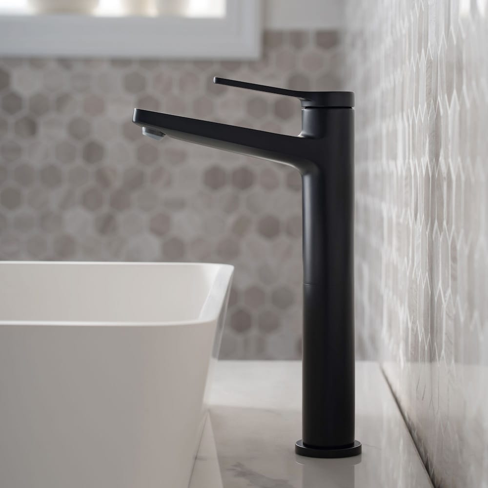 Single Handle Vessel Faucet with Paper Holder, Hook, Towel Bar and Ring in Matte Black