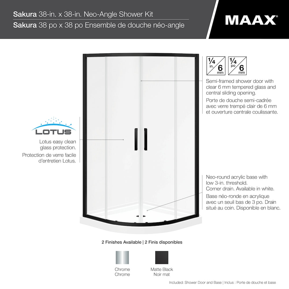 Sakura 38 in. L x 38 in. W x 74.5 in. H Round Corner Shower Kit Enclosure with Corner Drain Acrylic Base & Sliding Chrome Door (No Shower Wall)