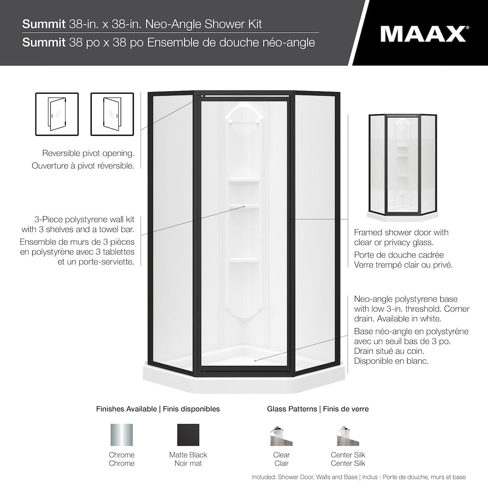 Summit 38 in. L x 38 in. W x 76.5 in. H Neo-Angle Corner Shower Kit Enclosure with Corner Drain Base, Wall Surround, Built-In Shelves & Privacy Glass, Chrome Pivot Door