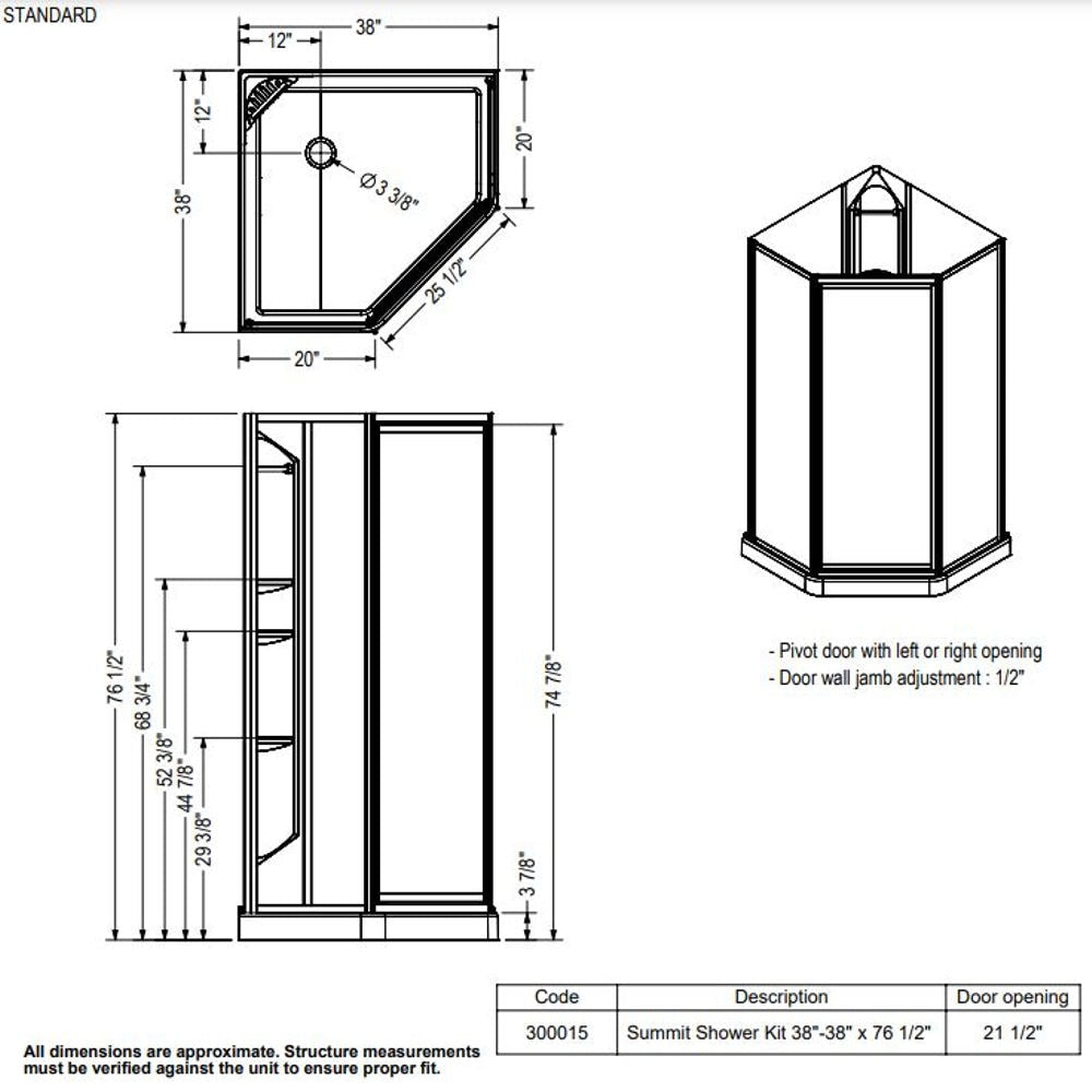 Summit 38 in. L x 38 in. W x 76.5 in. H Neo-Angle Corner Shower Kit Enclosure with Corner Drain Base, Wall Surround, Built-In Shelves & Privacy Glass, Chrome Pivot Door