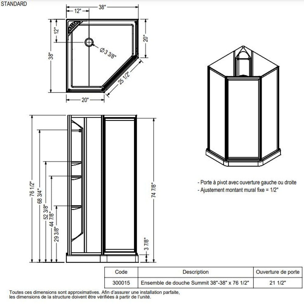 Summit 38 in. L x 38 in. W x 76.5 in. H Neo-Angle Corner Shower Kit Enclosure with Corner Drain Base, Wall Surround, Built-In Shelves & Privacy Glass, Chrome Pivot Door