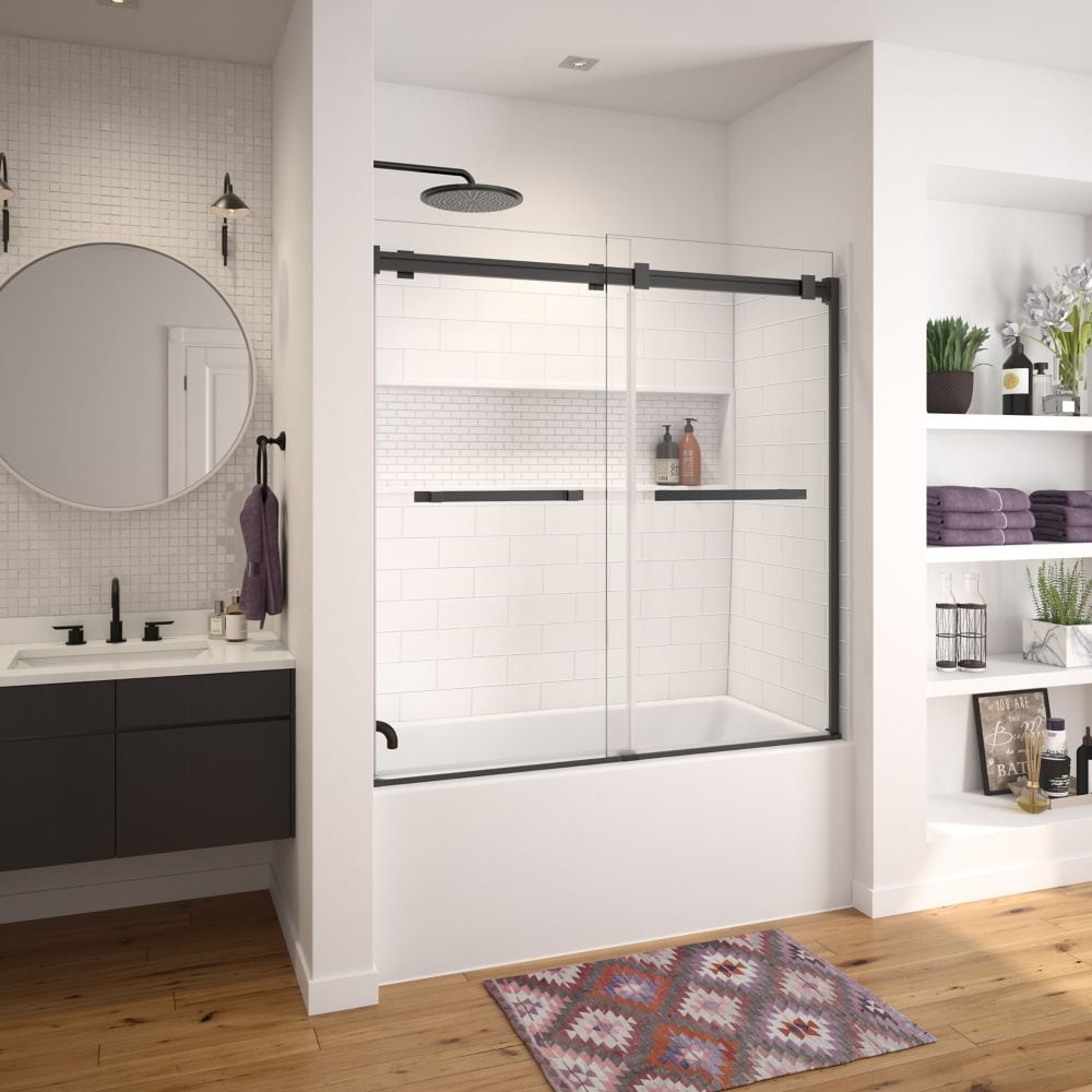 NexTile 60 in. L x 30 in. W x 81.25 in. H Tub Shower Kit with White Subway Tile Tub Surround, Built-In Niche, Sliding Matte Black Door, Left Drain AcrylX Bathtub & Above-The-Floor-Rough