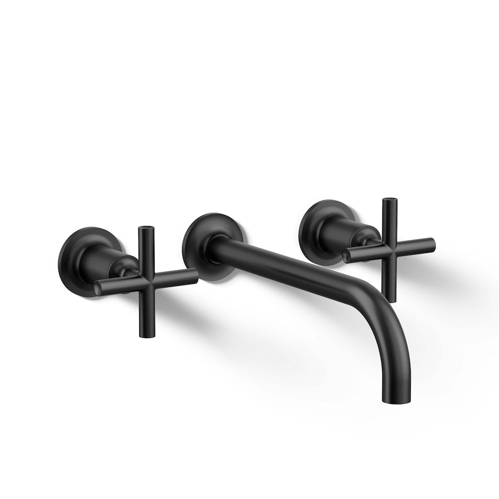 Purist Wall-mount bathroom sink faucet trim with 9-inch, 90-degree angle spout and cross handles, requires valve