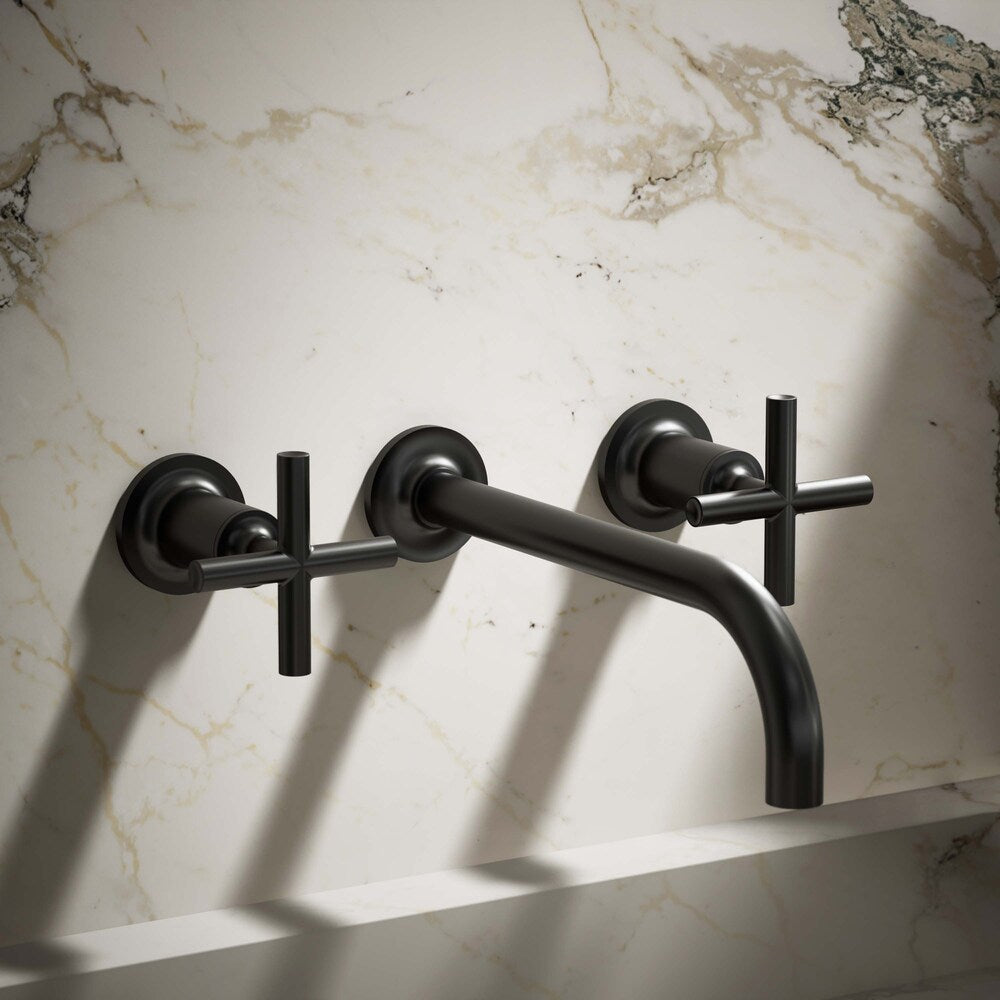 Purist Wall-mount bathroom sink faucet trim with 9-inch, 90-degree angle spout and cross handles, requires valve