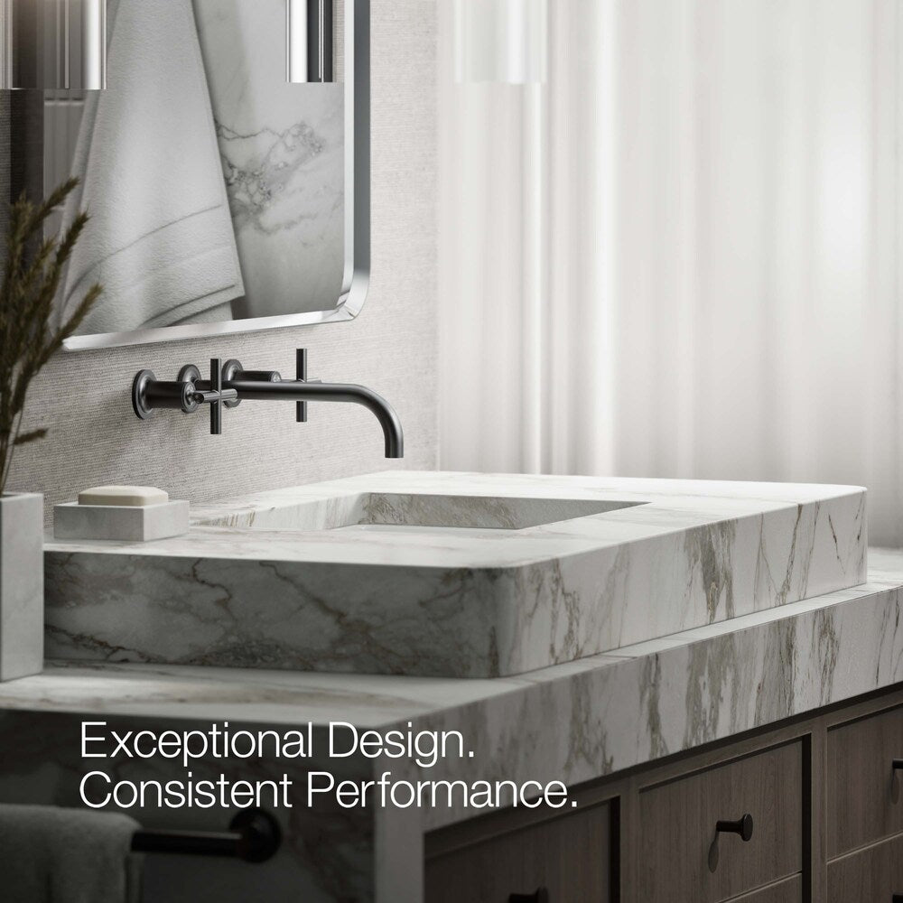 Purist Wall-mount bathroom sink faucet trim with 9-inch, 90-degree angle spout and cross handles, requires valve