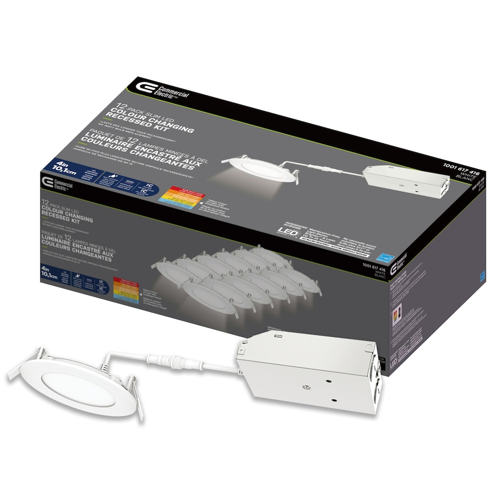 Kit de plafonnier encastré mince à DEL intégré de 4 pouces à intensité variable sélectionnable (2700K-5000K) (paquet de 12)