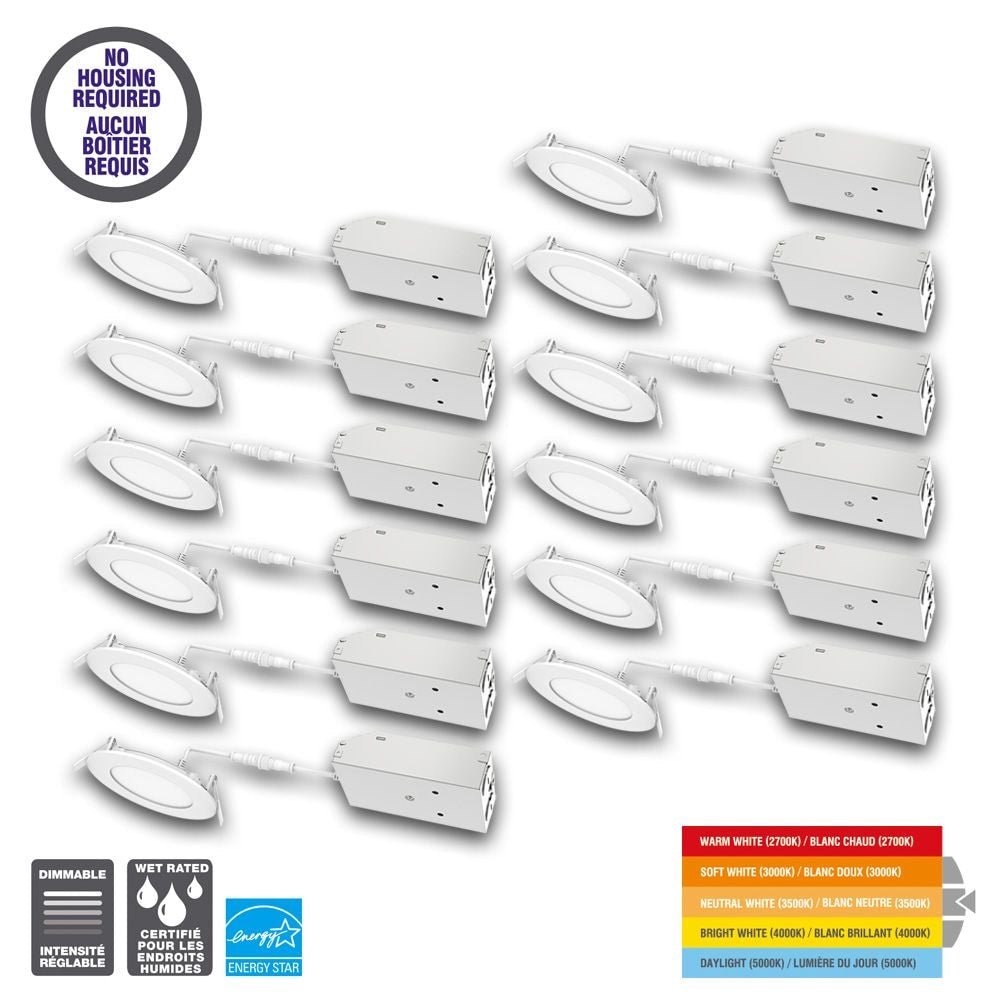 Kit de plafonnier encastré mince à DEL intégré de 4 pouces à intensité variable sélectionnable (2700K-5000K) (paquet de 12)