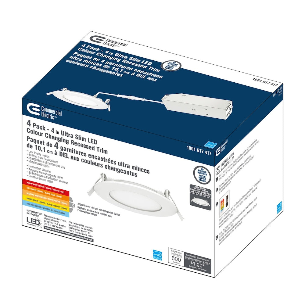 Kit de plafonnier encastré mince à DEL intégré de 4 pouces à intensité variable sélectionnable (2700K-5000K) (paquet de 4)